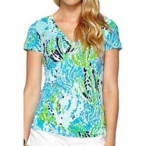 Lilly Pulitzer Michele Top Let's Cha Cha Blue  V Neck Shirt Medium Short Sleeve